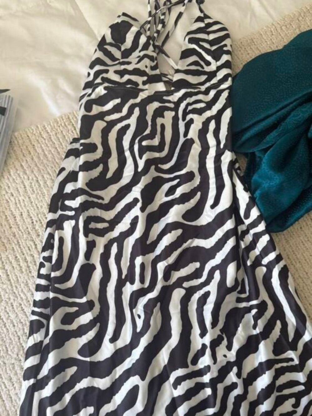 Women's Zebra Print Satin Maxi Dress Backless Strappy Evening Party Gown - Picture 5 of 7